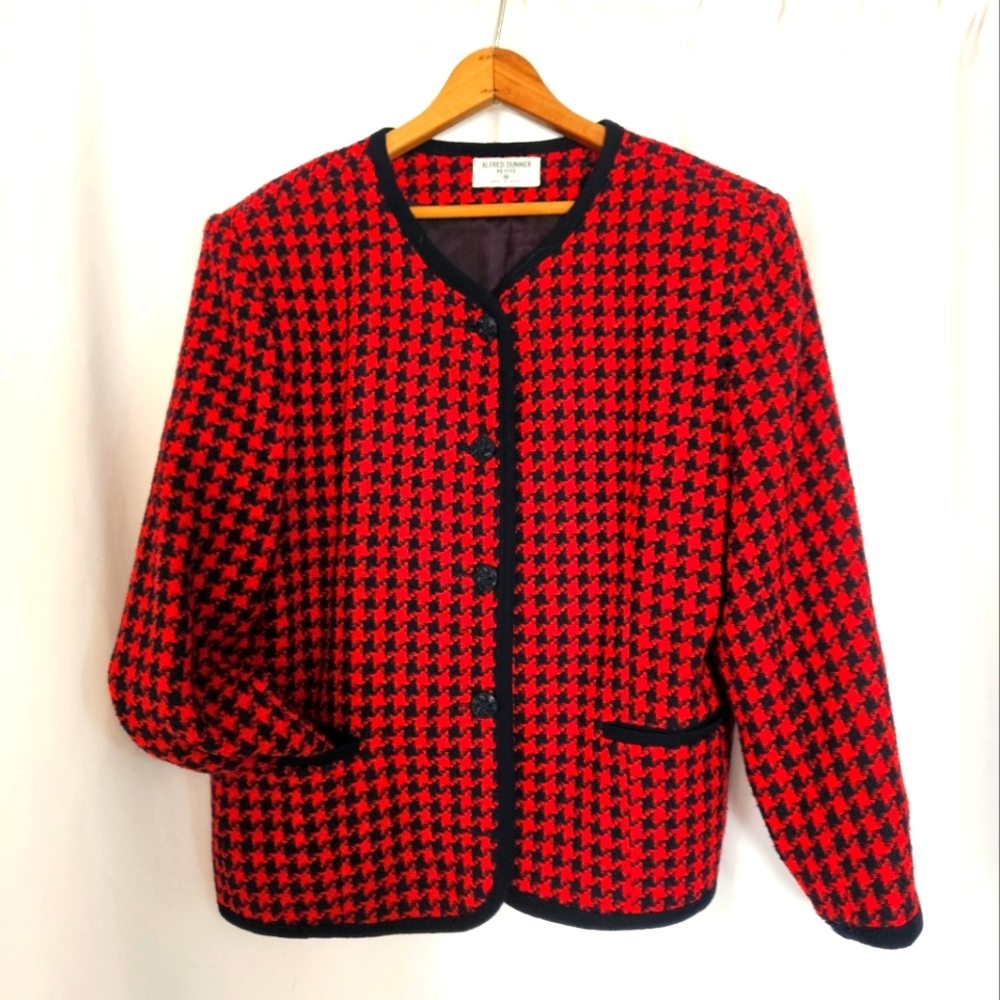 Vintage Alfred Dunner Red Navy Houndstooth 16 Wool Blend Blazer Jacket‎ Petite